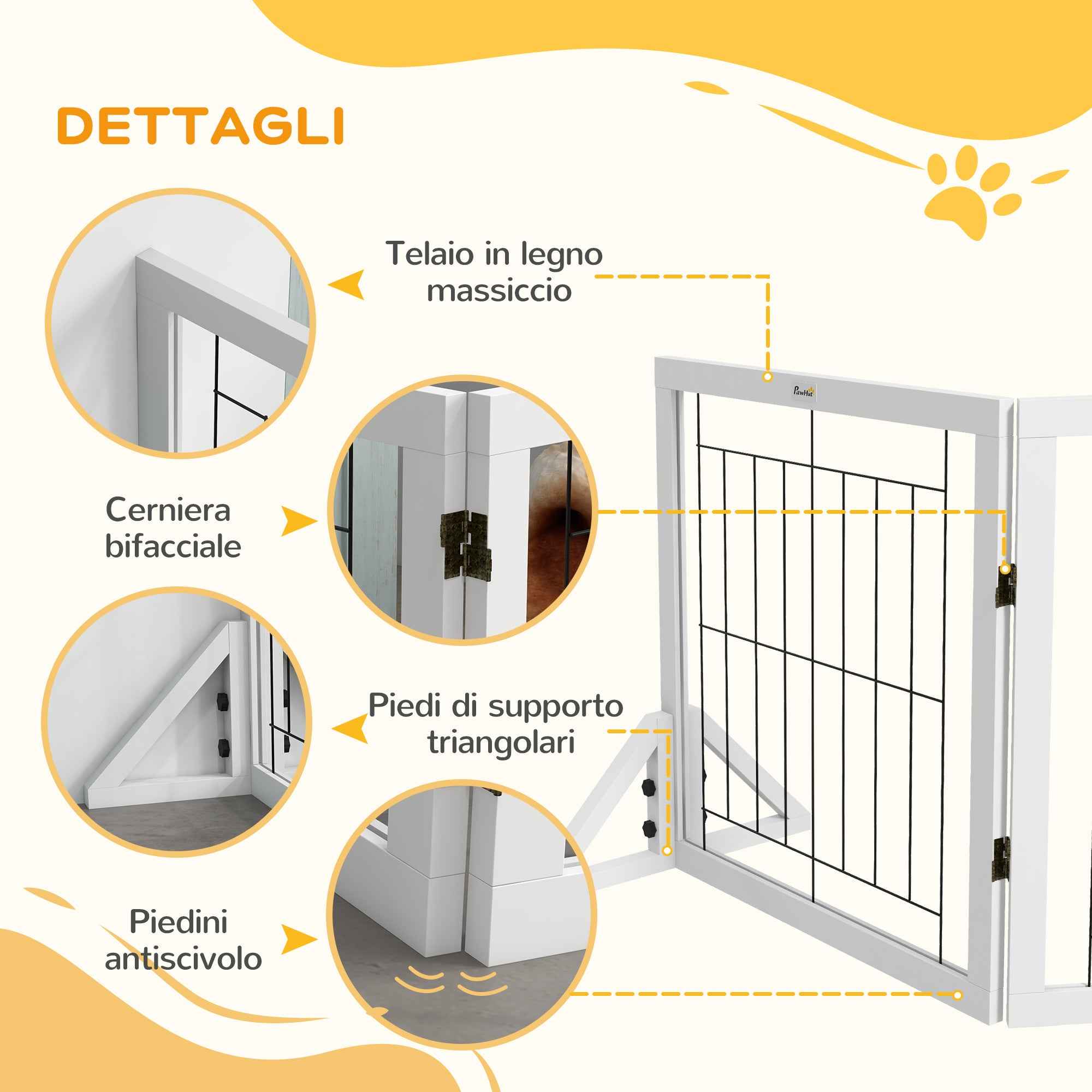 PawHut Folding Dog Gate with 4 Panels and Triangular Feet, 280x70 cm, White