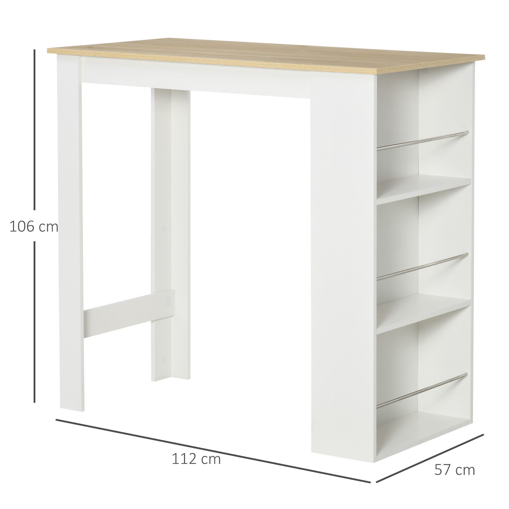 Bar Table with 3 Shelves and Protective Bars, in Steel and Chipboard, 112x57x106 cm, White