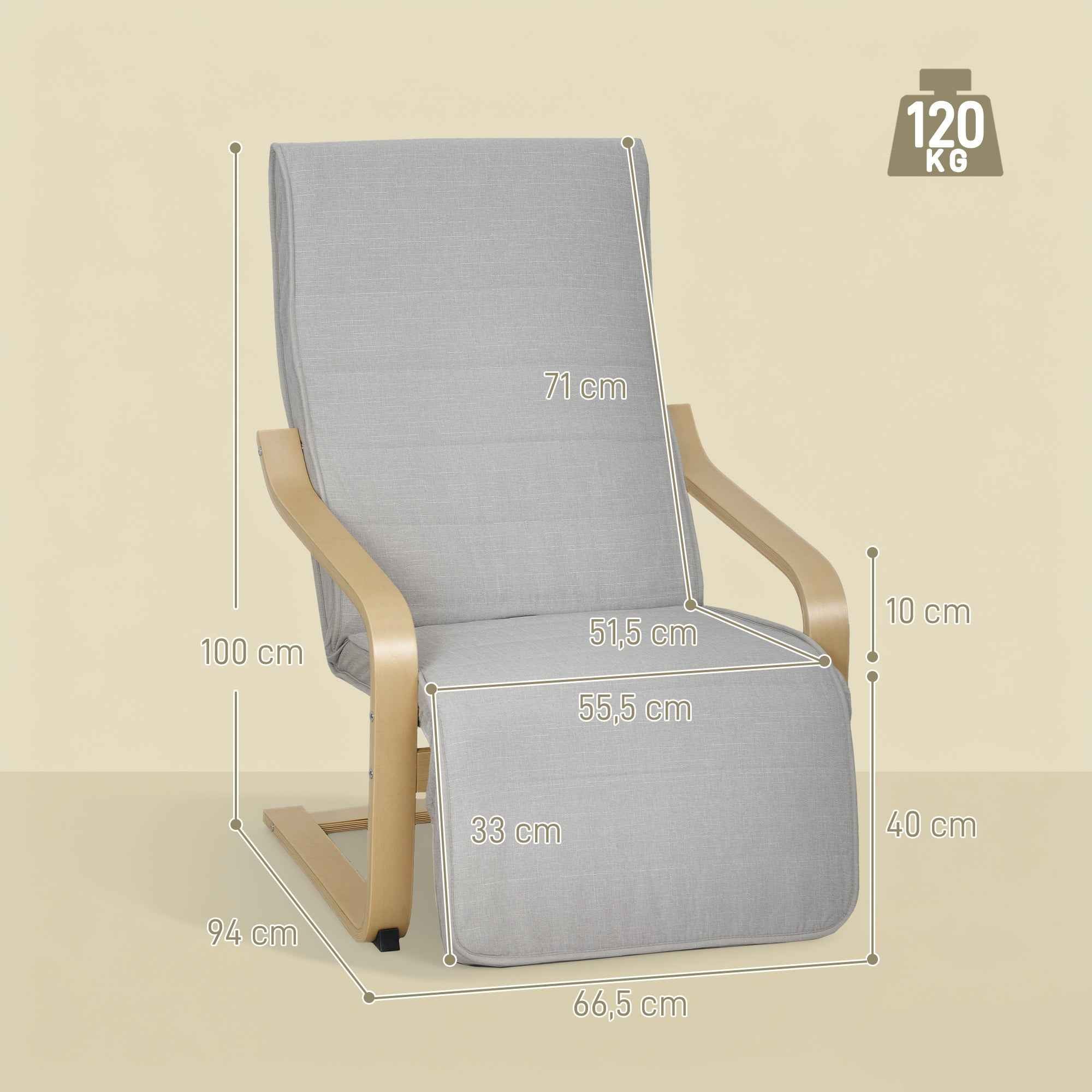 HOMCOM Birch Wood and Linen-Effect Fabric Bedroom Armchair with Adjustable Footrest, Light Grey