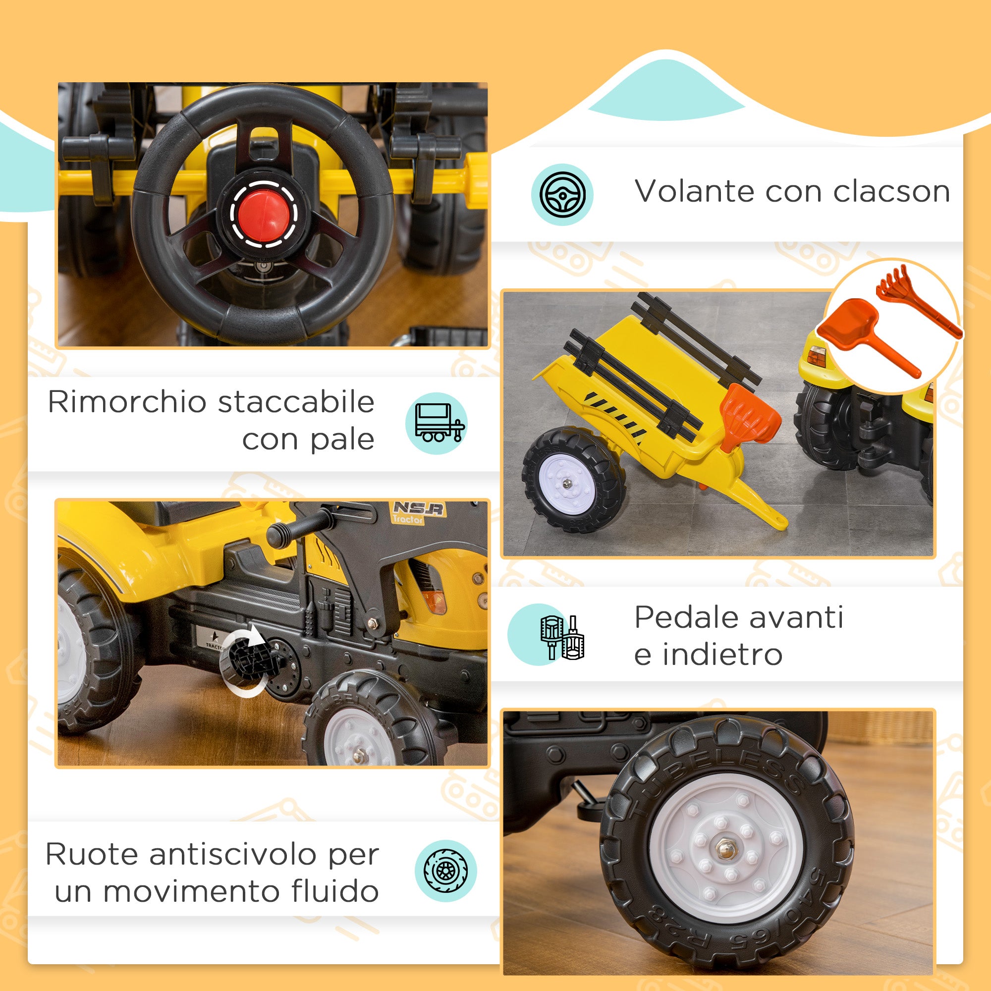 Pedal Excavator for Kids from 3 Years with Front Loader, Trailer and 6 Wheels, Yellow