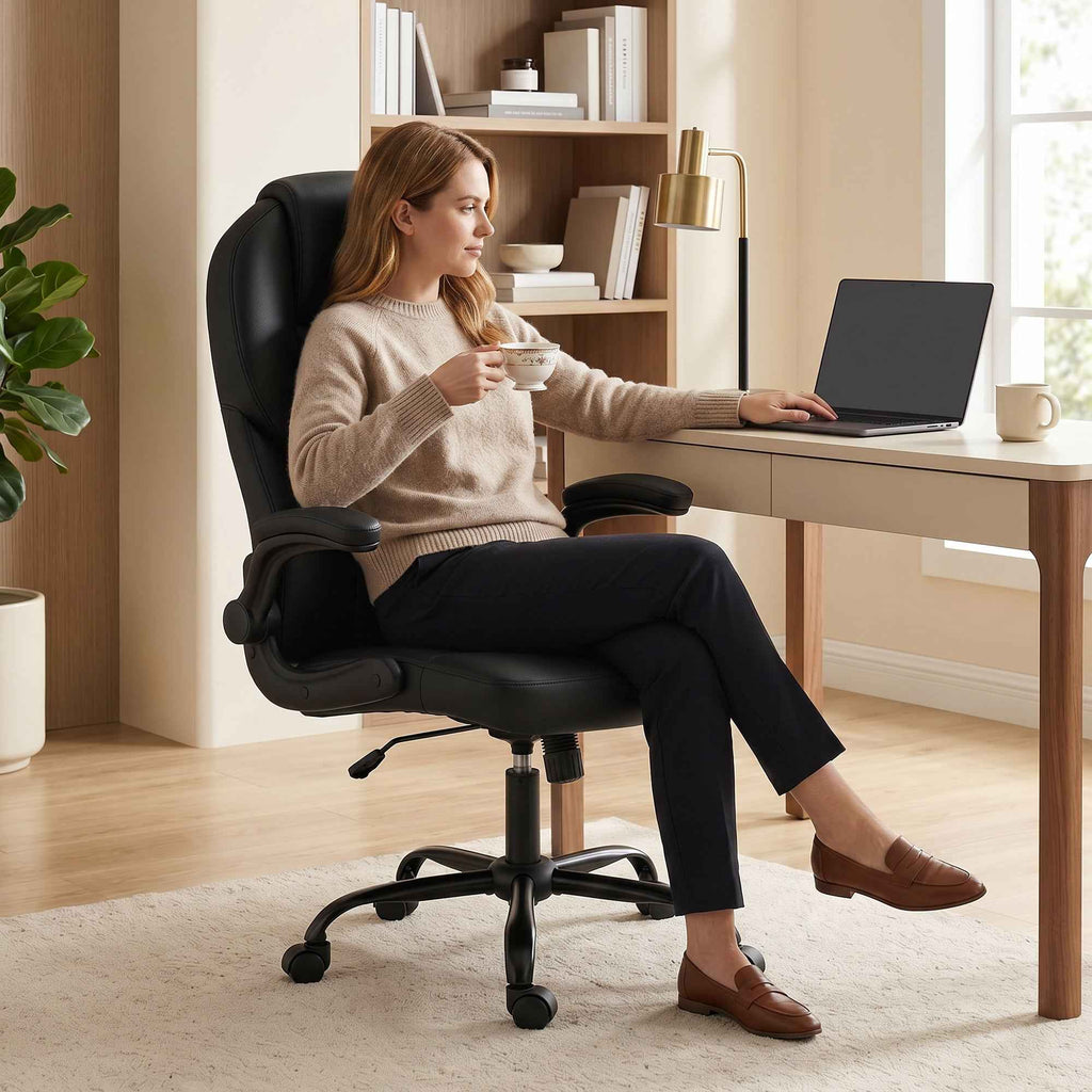 HOMCOM Swivel Office Chair, Rocking Function, Foldable Armrests, High Backrest, Adjustable Height, Black