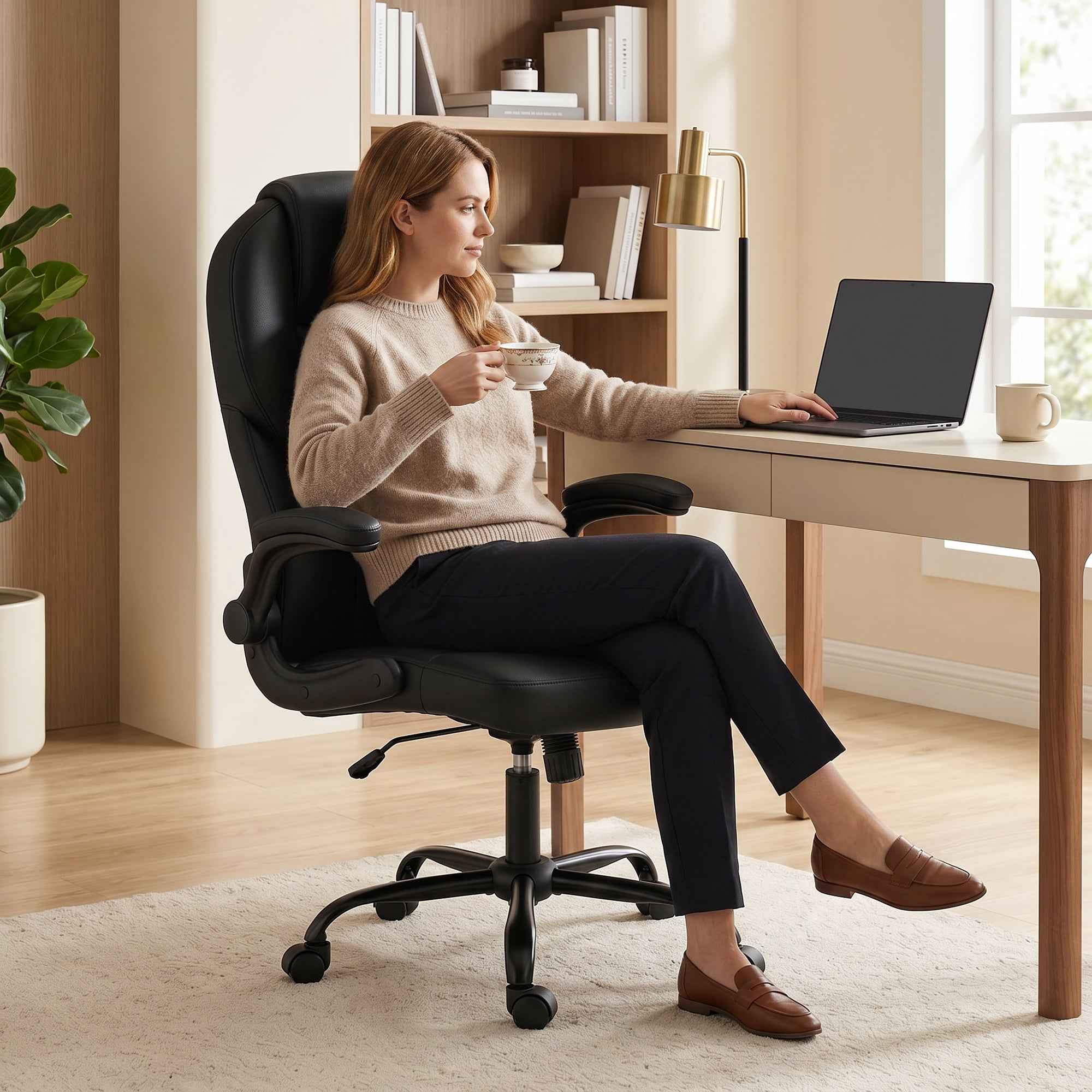 HOMCOM Swivel Office Chair, Rocking Function, Foldable Armrests, High Backrest, Adjustable Height, Black
