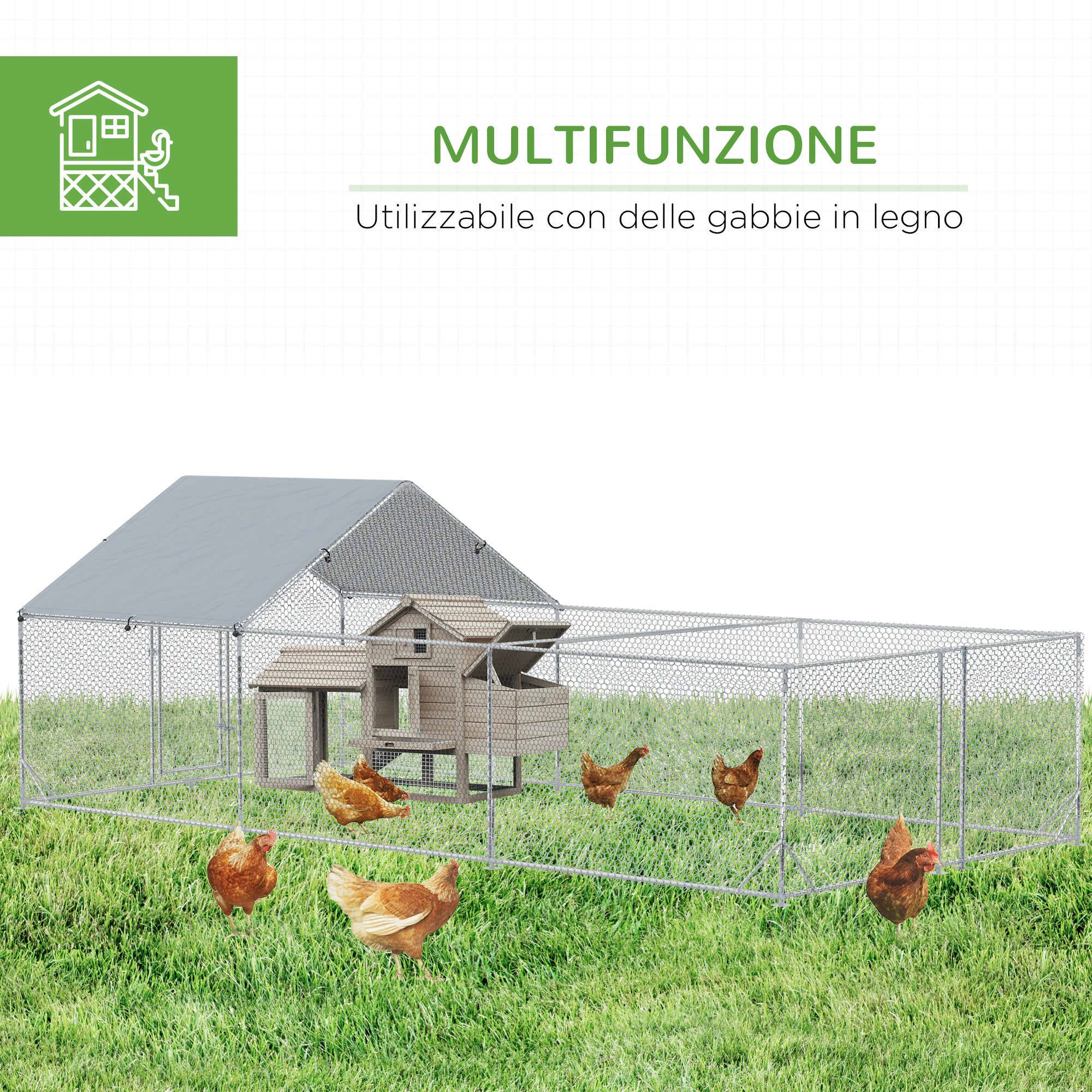 Garden Chicken Coop for 15-18 Chickens in Galvanized Steel and PE with Roof and Lock, 600x300x195 cm