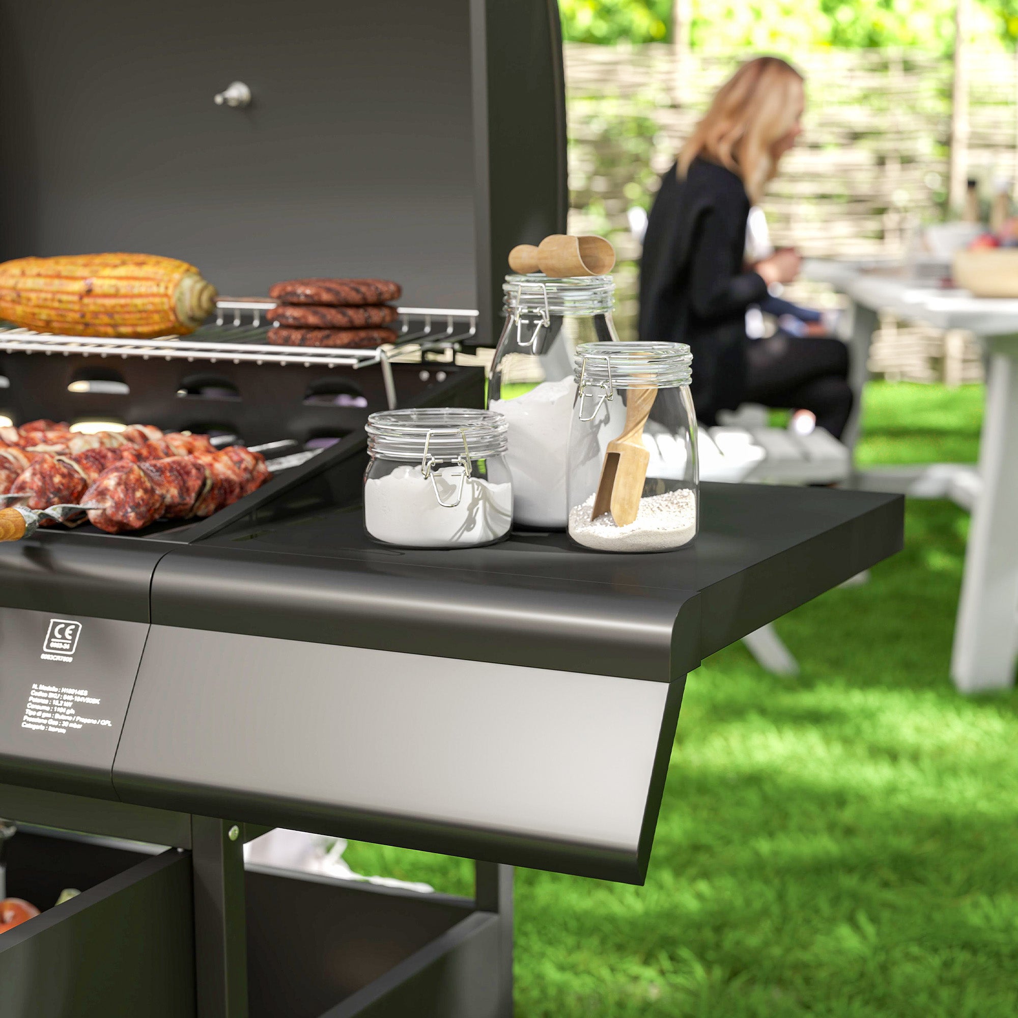 Gas Barbecue with Side Burner, Table and Cabinet, in Steel and PP, 129.5x56x110 cm, Black
