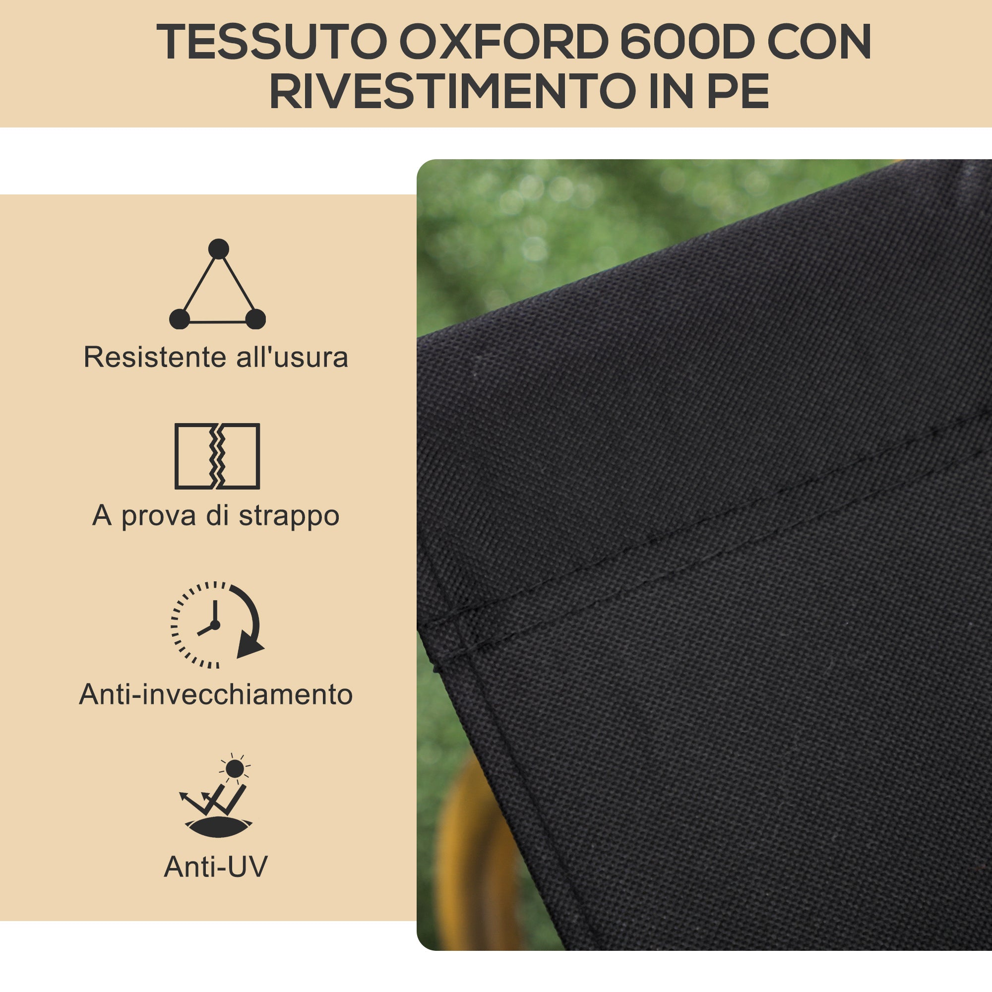 Folding Outdoor Chair with Armrests, Seat in Oxford Fabric and Steel, Black