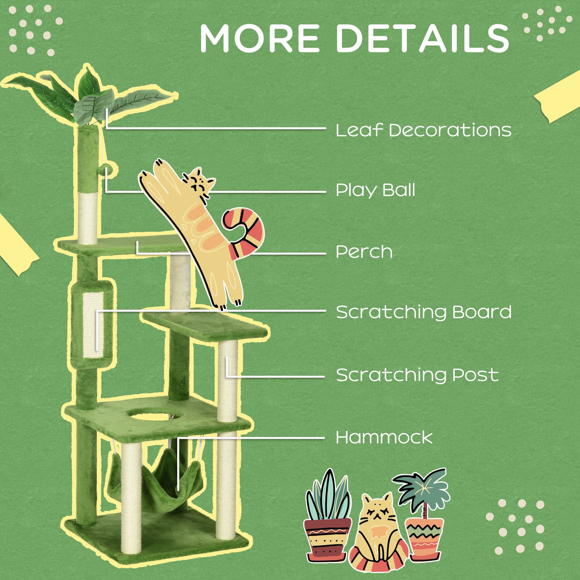 Cat Tree for cats with hammock, ball and Scratch Pole, 49x49x142cm, green - Borgè