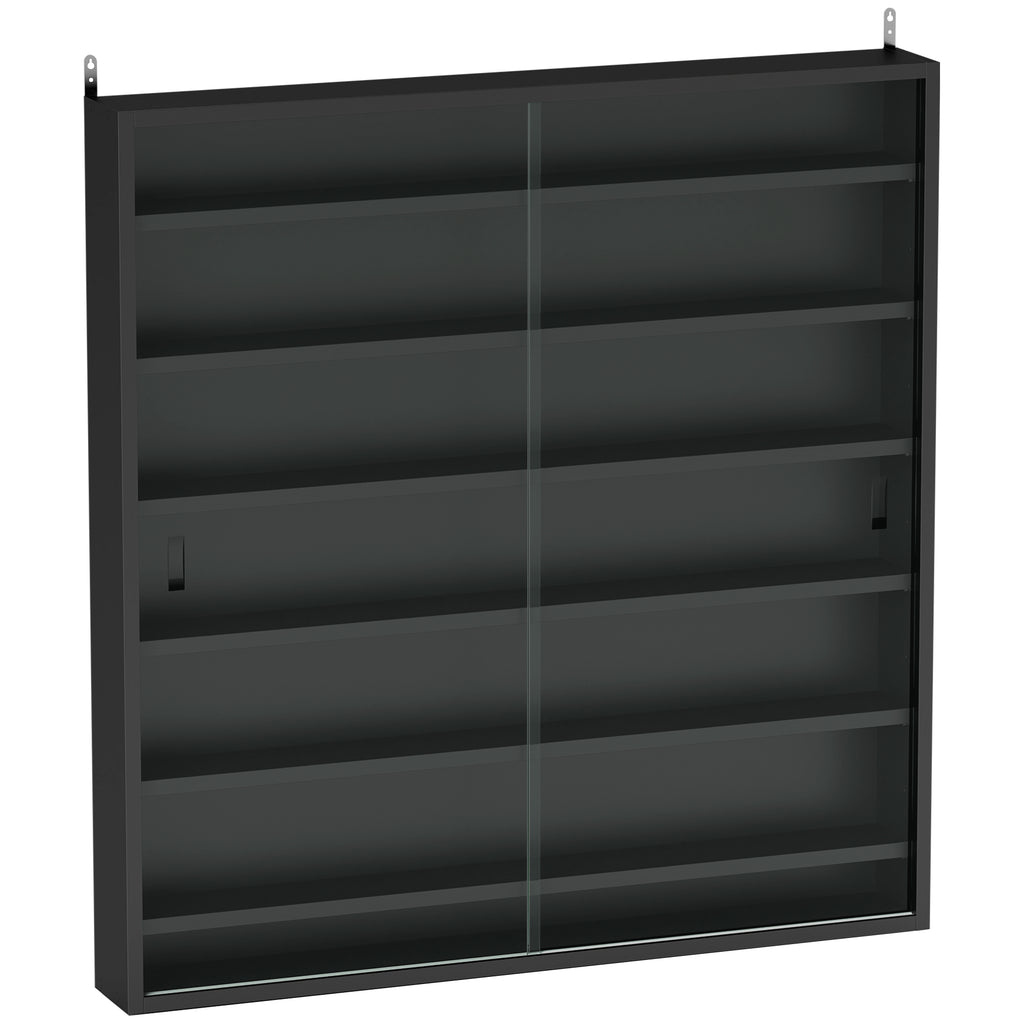 6-Tier Adjustable Wooden Notice Board with Glass Doors, 80x9.5x83 cm, Black