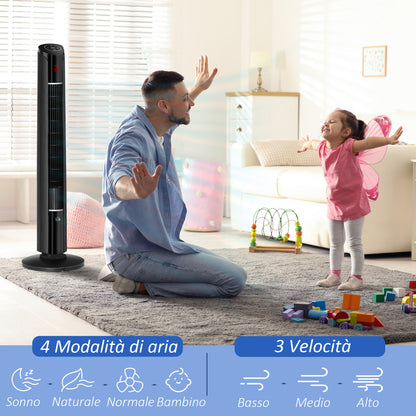 Tower Fan with 3 Speeds and 4 Modes, 12h Timer, LED Panel and Remote Control, Black - Borgè