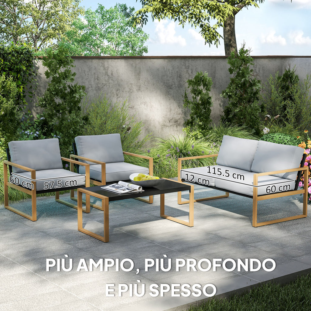 4 Piece Garden Set with 2 Armchairs, Sofa and Coffee Table, in Aluminum and Fiber, Gray and Wood Color