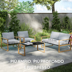 4 Piece Garden Set with 2 Armchairs, Sofa and Coffee Table, in Aluminum and Fiber, Gray and Wood Color