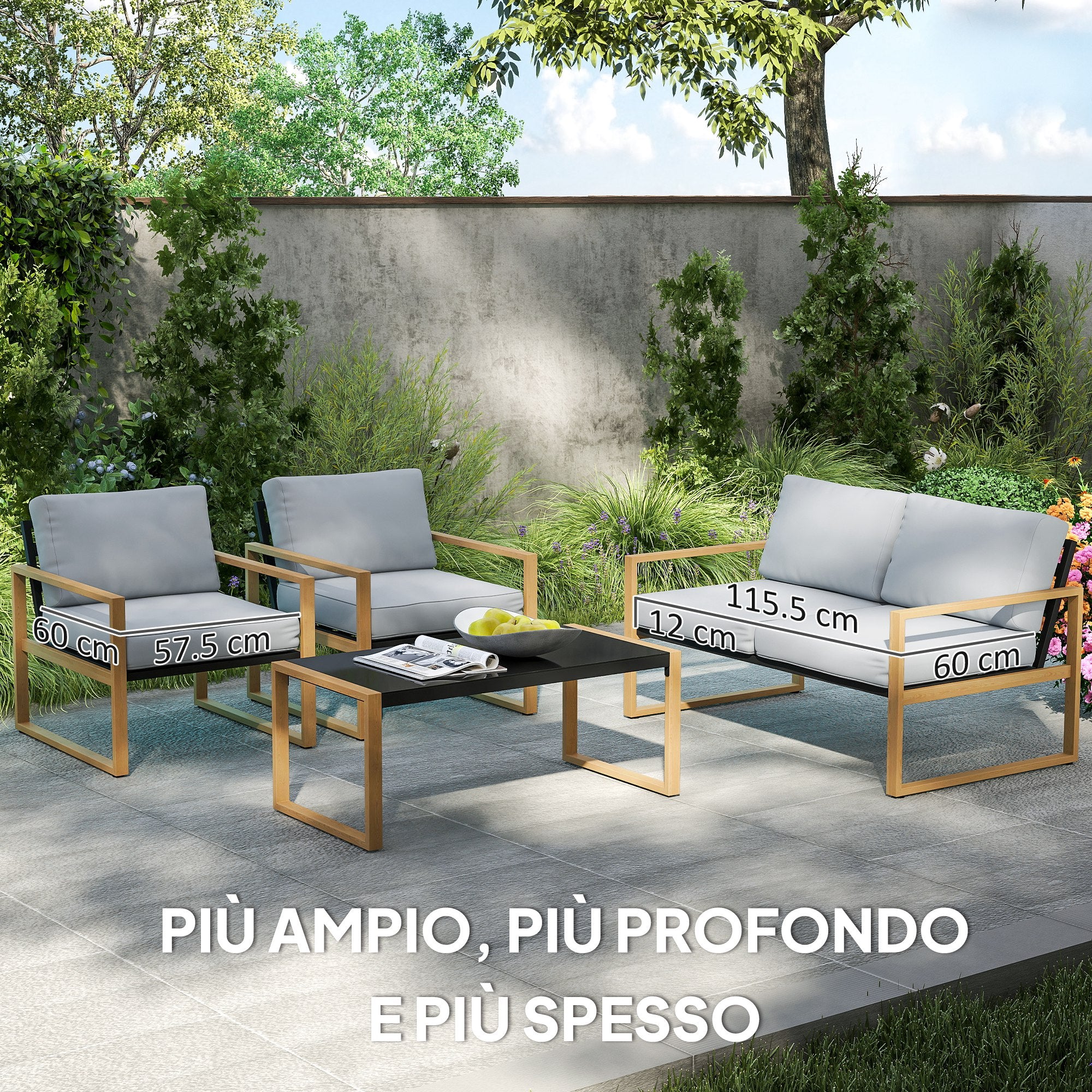 4 Piece Garden Set with 2 Armchairs, Sofa and Coffee Table, in Aluminum and Fiber, Gray and Wood Color