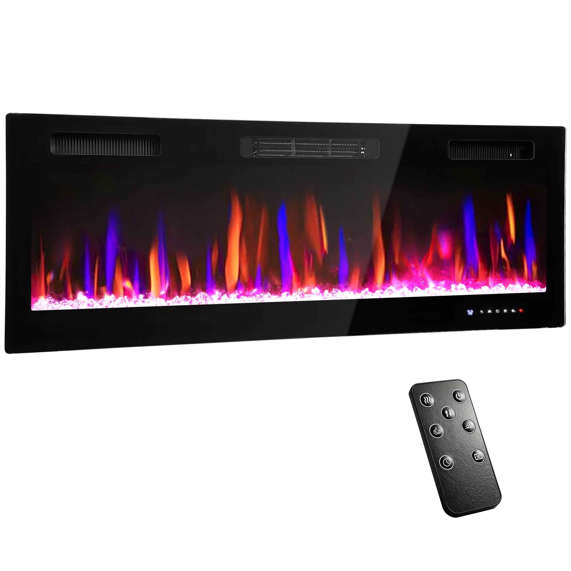 HOMCOM Built-in or Wall-Mounted Electric Fireplace with Adjustable Temperature, Steel and Glass, 127x9.4x47 cm, Black