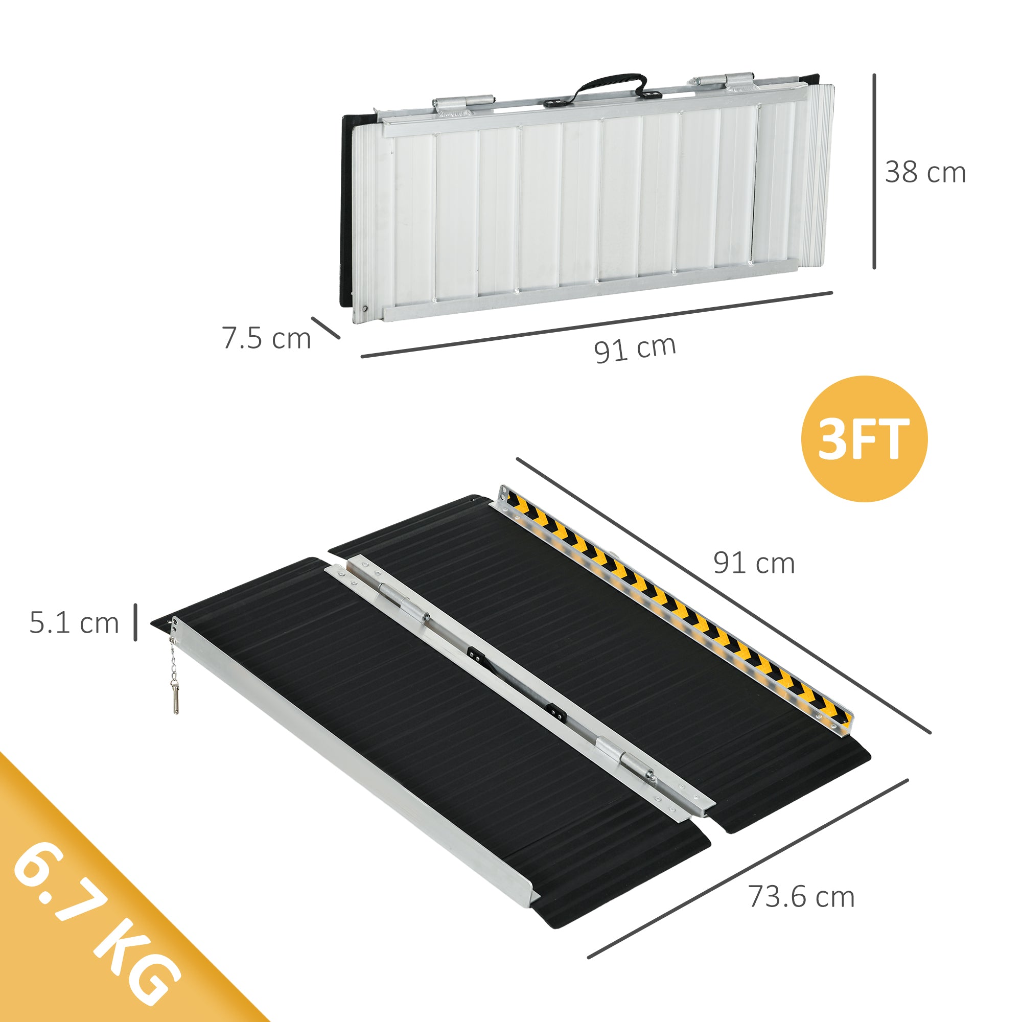 Folding Aluminum Wheelchair Ramp with Deflectors and Stickers, 91 x 73.6 x 5.1 cm, Black