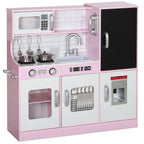 Wooden Toy Kitchen for Kids Ages 3-8 with Stove, Microwave, Sink, and Accessories, Pink