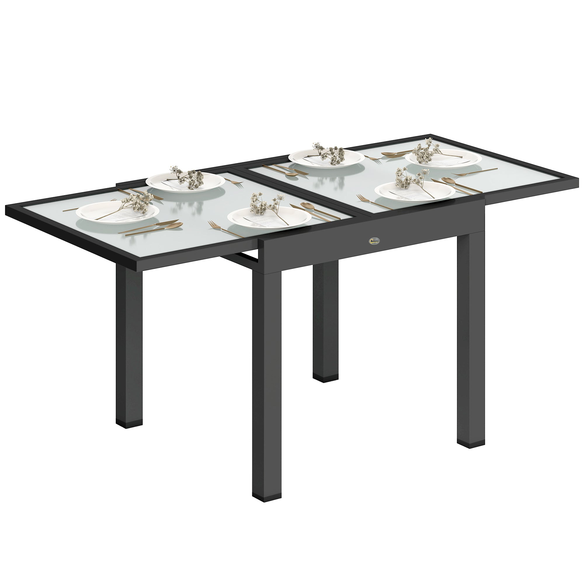 Extendable Garden Dining Table with Glass and Aluminum Top, 80-160x80x75 cm, Black and Transparent