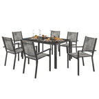 7 Piece Steel Garden Set with Rectangular Table and 6 Breathable Stackable Chairs, Grey and Black