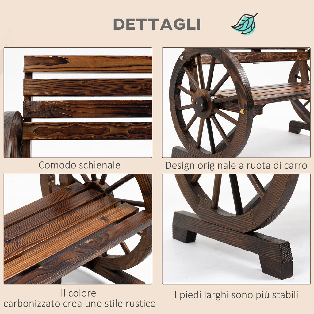 Outsunny 2-Seater Garden Bench with Slatted Frame and Wagon Wheel Armrests, Wooden, 105.5x56x79 cm, Burnt Brown