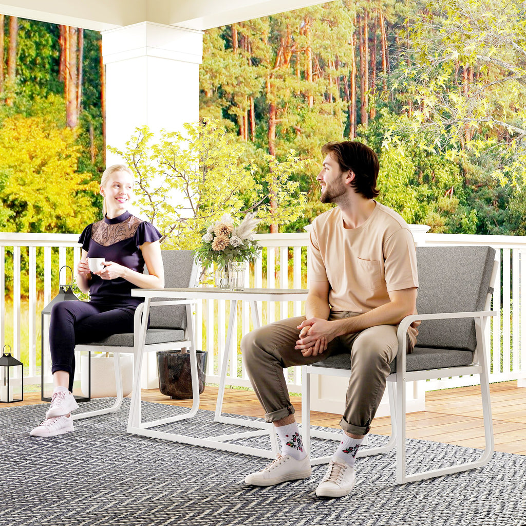 3 Piece Outdoor Set with 2 Chairs with Armrests and Cushions and Glass Top Table, White