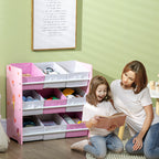 Toy Cabinet with 9 Removable Baskets in Wood and Fabric, 63x30x60 cm, Pink and White