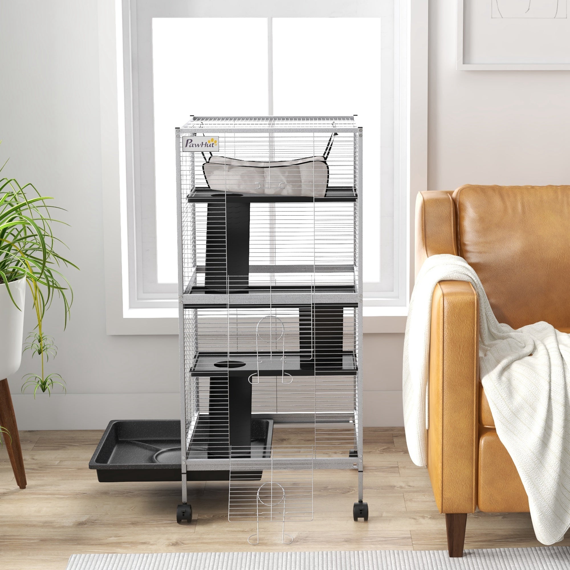 Steel Guinea Pig and Chinchilla Cage with 3 Levels, Wheels and Removable Tray, Light Grey