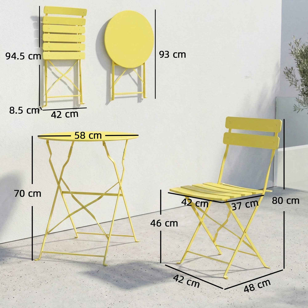 Outsunny Bistro Set, Folding Table and Chairs for 2, Garden, Yellow.
