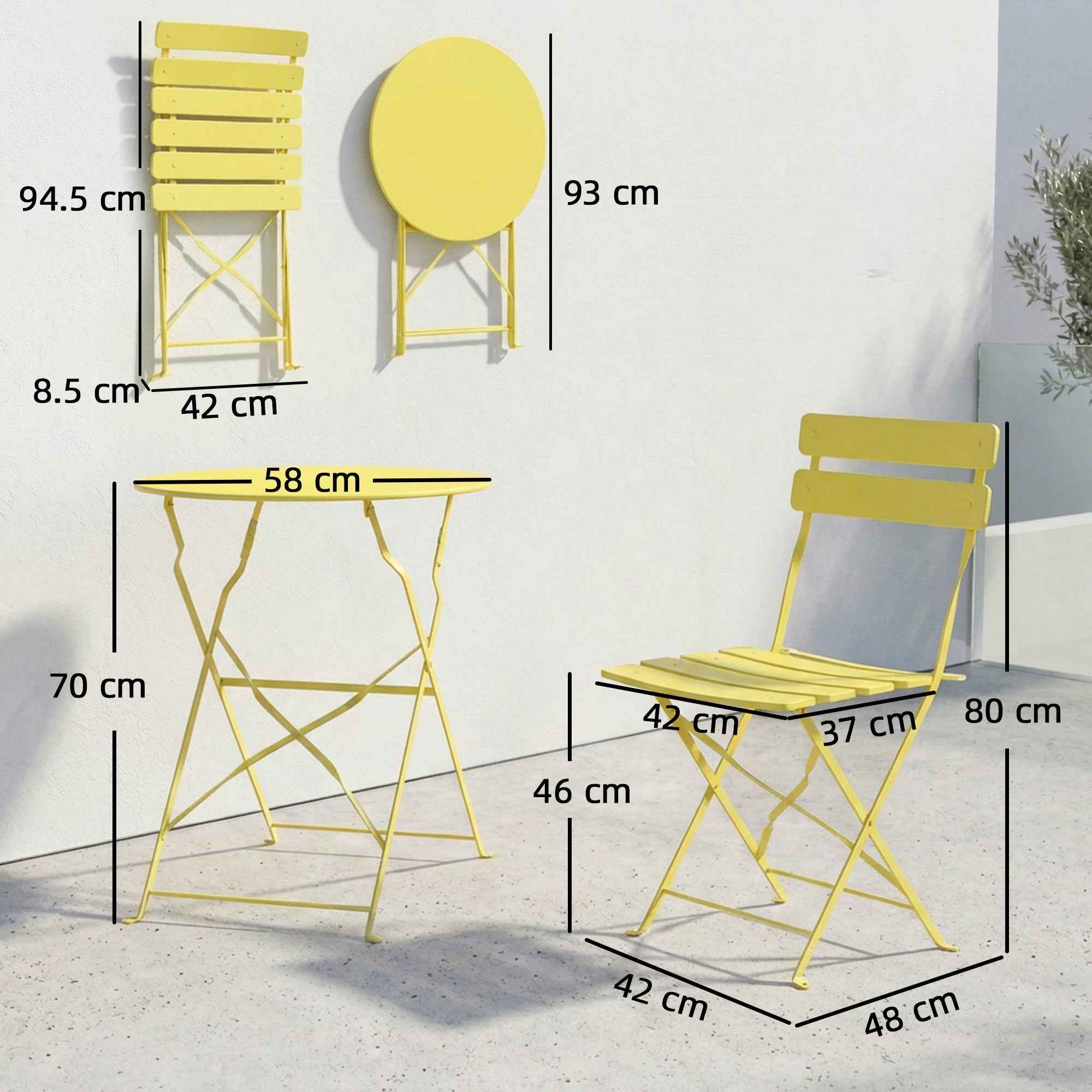 Outsunny Bistro Set, Folding Table and Chairs for 2, Garden, Yellow.
