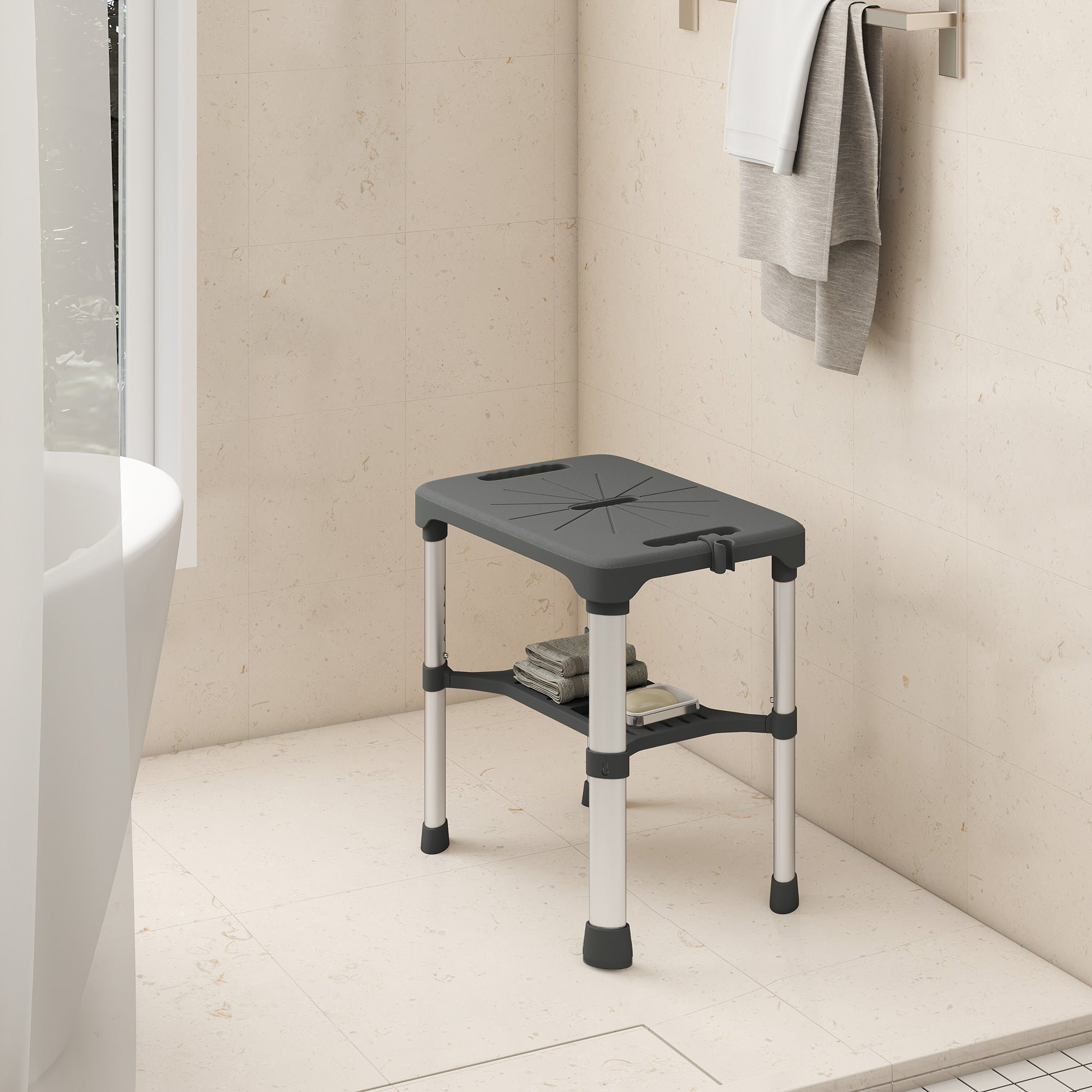 HOMCOM Aluminum Shower Stool with Integrated Shelf, 5-Level Adjustable Height, 150kg Load Capacity, Gray