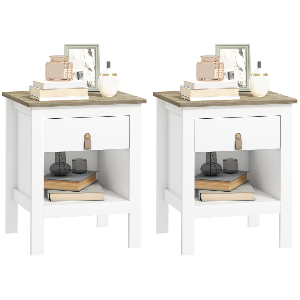 Set of 2 Wooden Bedside Tables with Drawer and Open Shelf, 45x40x55 cm, White and Oak