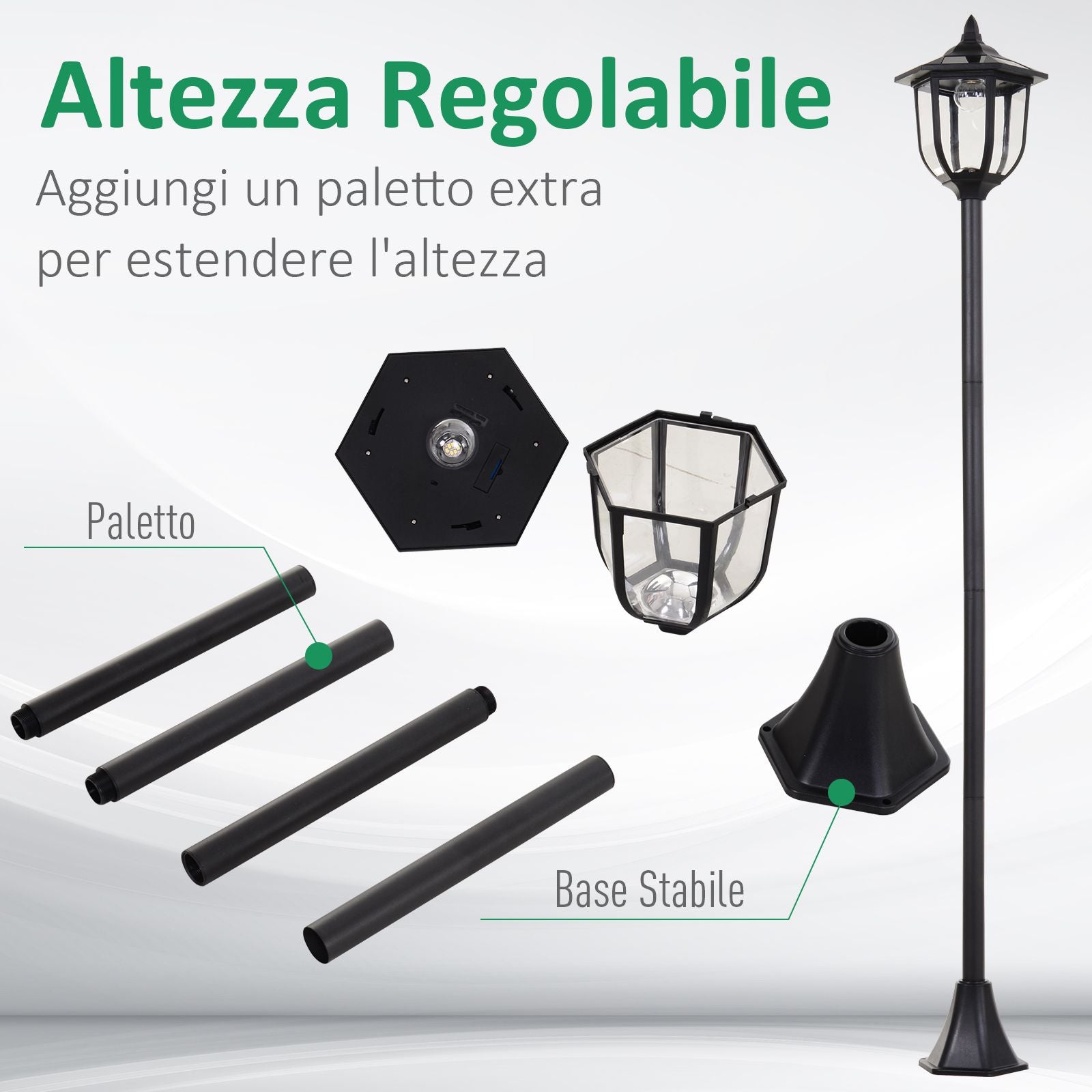 Outdoor street lamp with 6 LED lights and solar panels, waterproof, automatic switch-on, duration 6 hours, height 177cm - Borgè