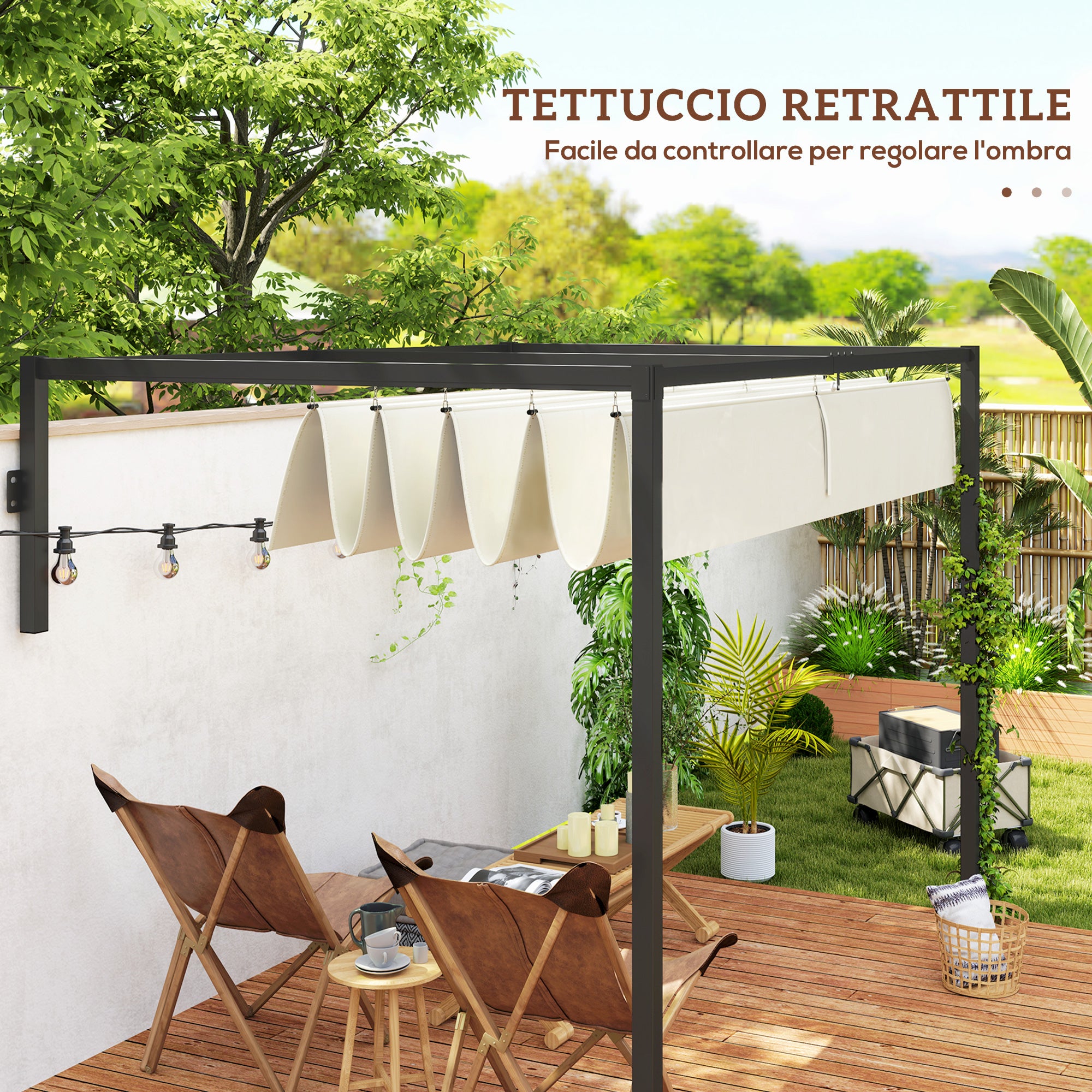 Outsunny Pergola Gazebo 3x2 m with Retractable Canopy and Drainage Holes in Steel and Polyester, Cream