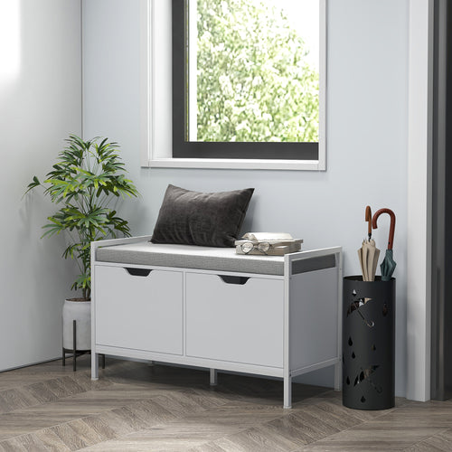 2-Tier Shoe Rack Bench with Cushion, in Linen Effect Fabric, Wood and Steel, 84x35x50 cm, White