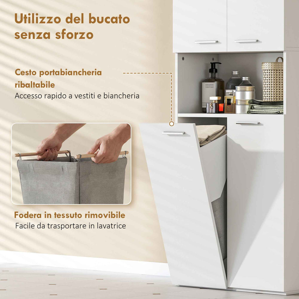 HOMCOM 2-Door Bathroom Cabinet with Drop-Leaf Laundry Basket and Open Shelf, 60x30x174 cm, Wood, White