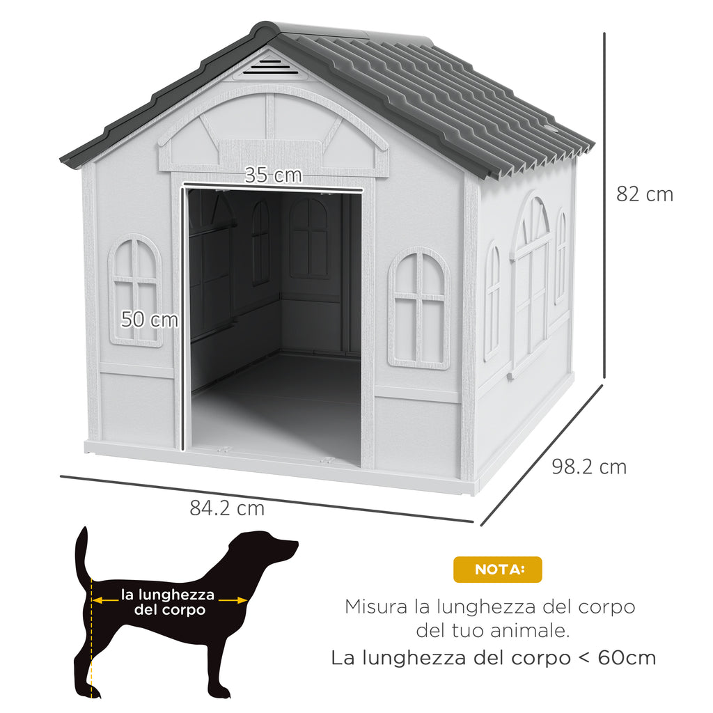 Waterproof PP Dog House with Sloped Roof and Entrance Door, 84.2 x 98.2 x 82 cm, Grey