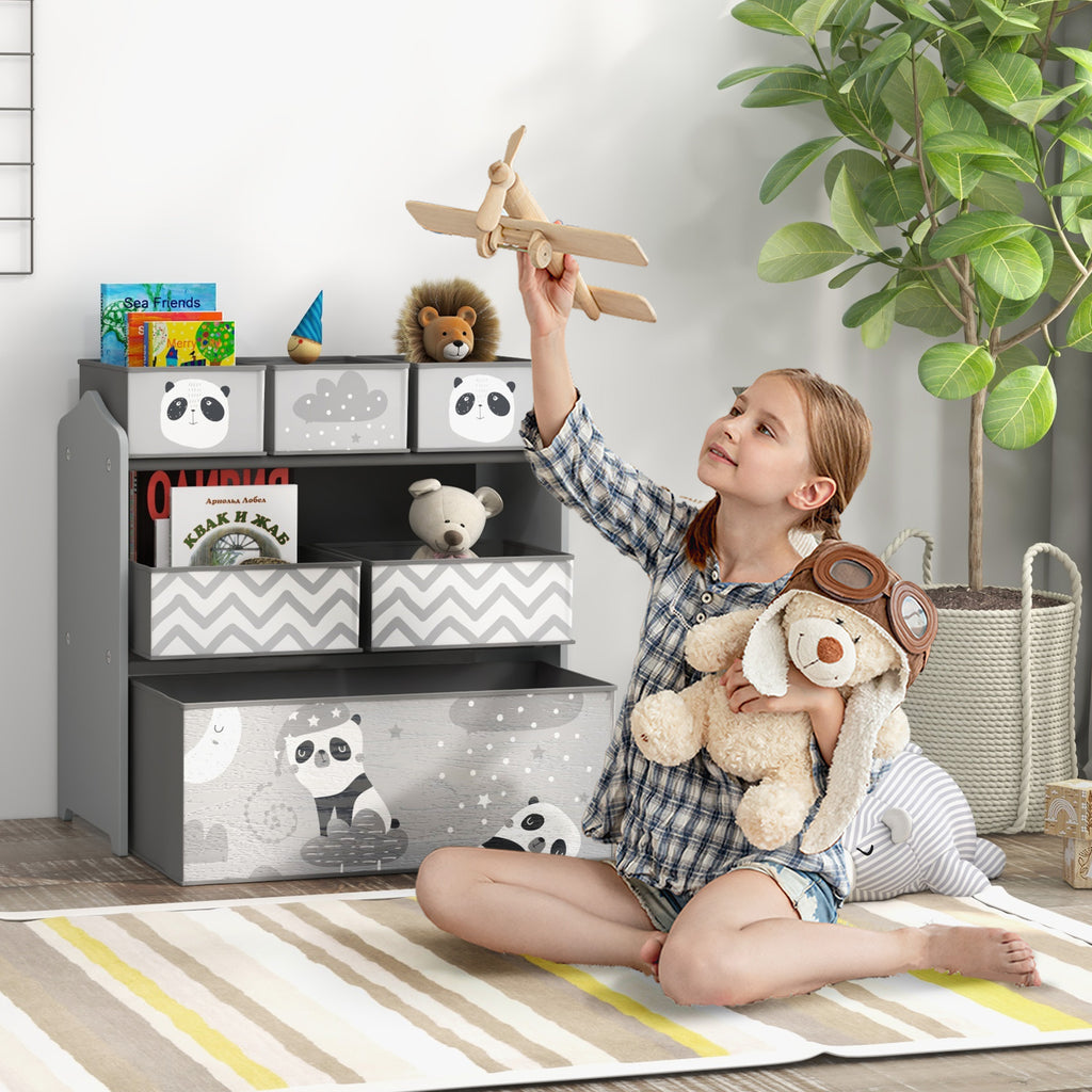 Children's Toy Storage Unit with 6 Removable Fabric Bins, 63x30x66cm, Grey