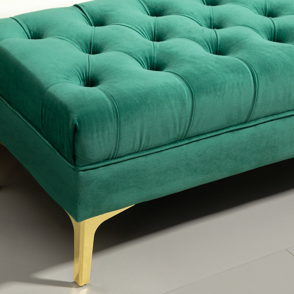 Padded Bed End Bench with Quilted Velvet Fabric Covering, 118x45x42 cm, Dark Green