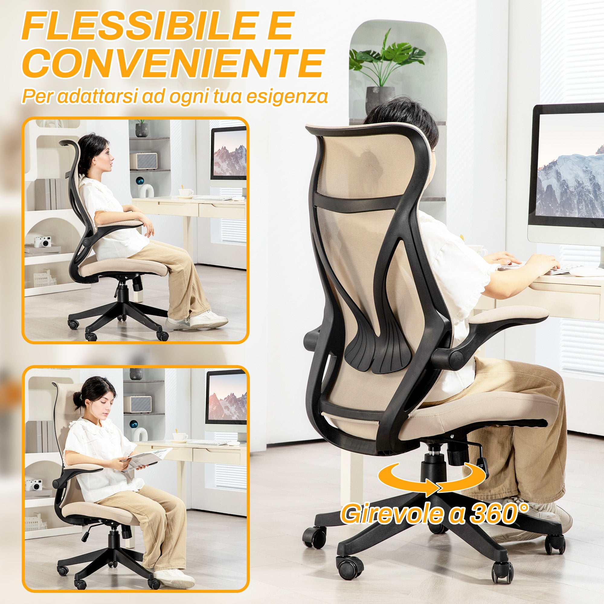 Office Chair with Folding Armrests, Adjustable Height and Reclining Backrest, Beige