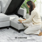 3-Seater Sofa Bed with Chaise and Storage Space, Linen-Effect Fabric, 197x129x85 cm, Grey and Black