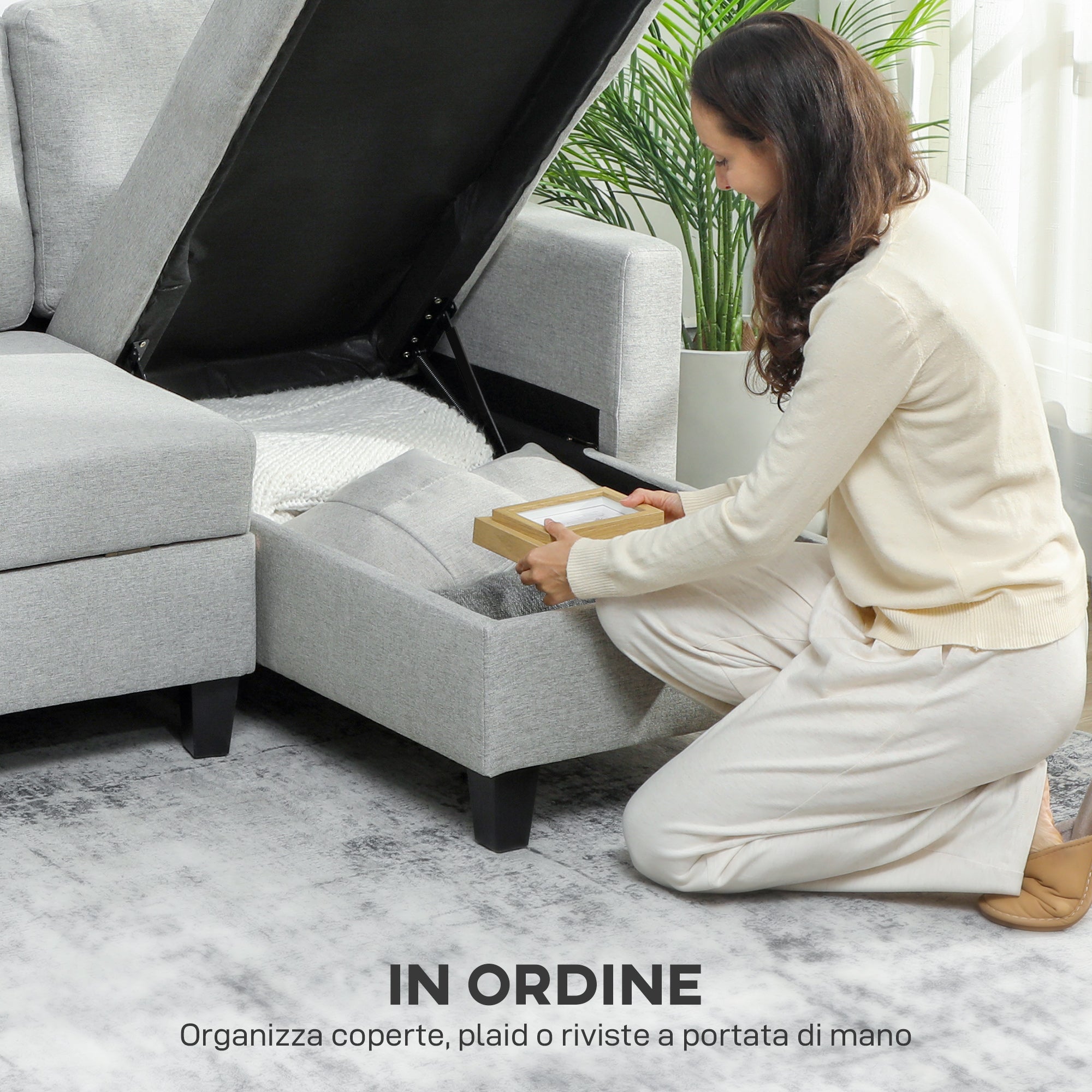 3-Seater Sofa Bed with Chaise and Storage Space, Linen-Effect Fabric, 197x129x85 cm, Grey and Black