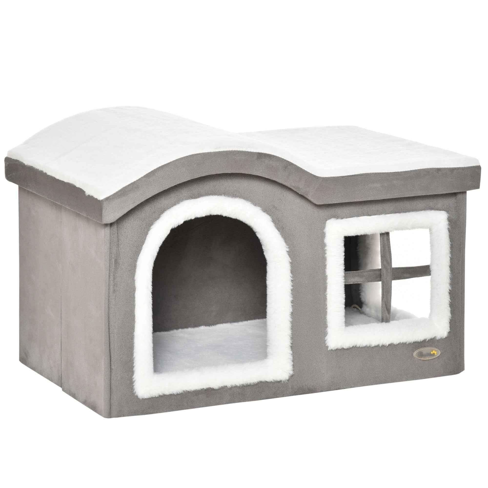 Pawhut Indoor Cat House with 2 Entrances, Window and Non-Slip Base, 63.5x37x40 cm, Grey