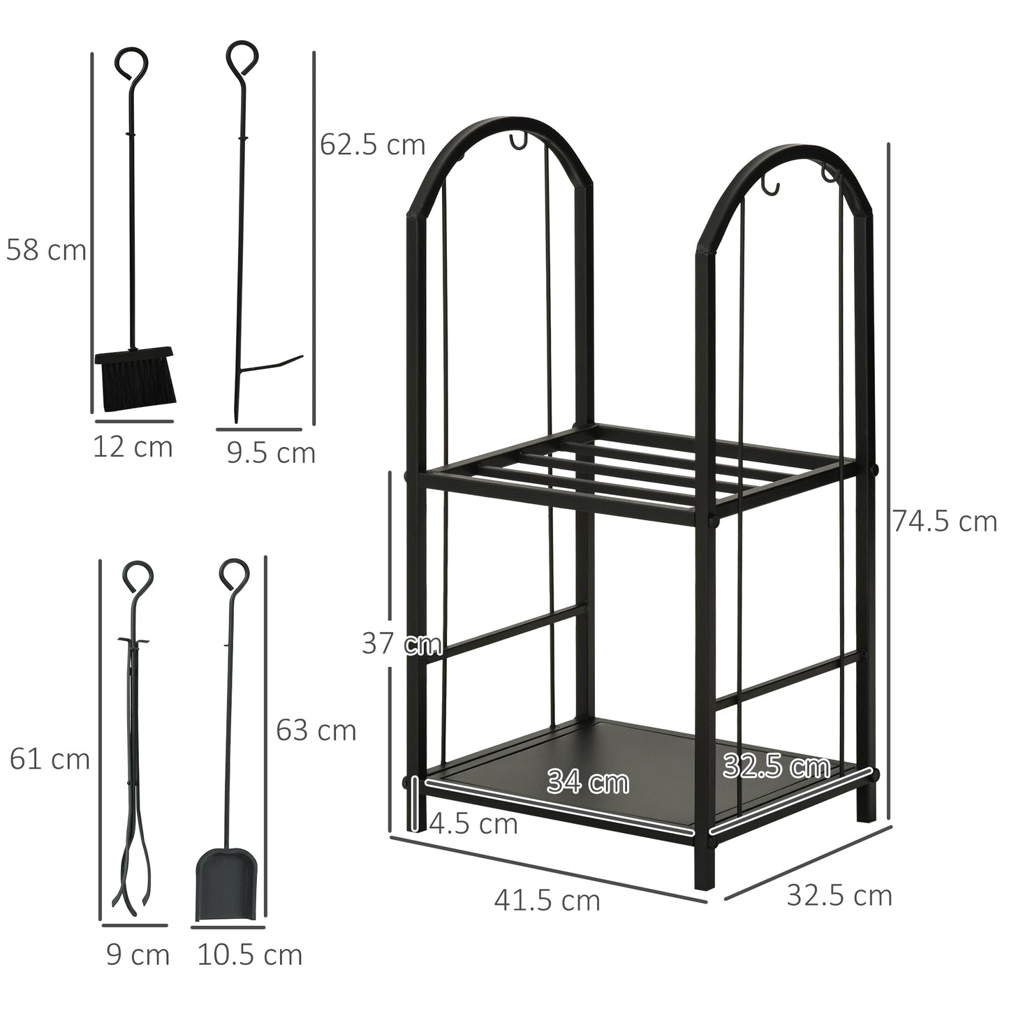 Metal Firewood Rack with Shovel, Broom, Poker and Tongs, 41.5x32. 5x74. 5 cm, Black