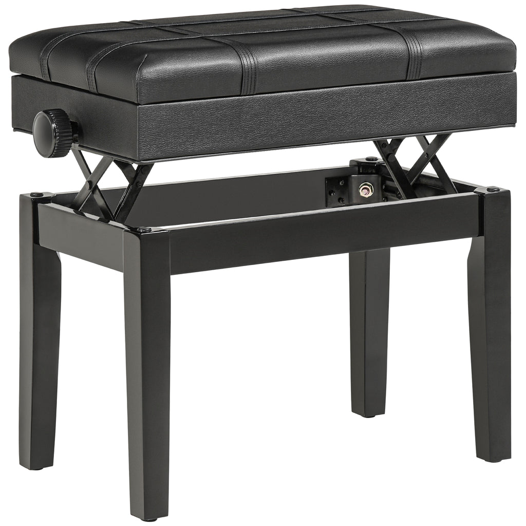 Piano Stool with Adjustable Height and Storage in Wood and Faux Leather, 63x35x46-56cm, Black