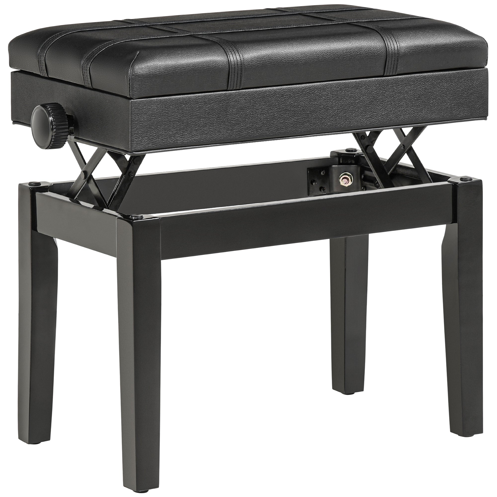 Piano Stool with Adjustable Height and Storage in Wood and Faux Leather, 63x35x46-56cm, Black