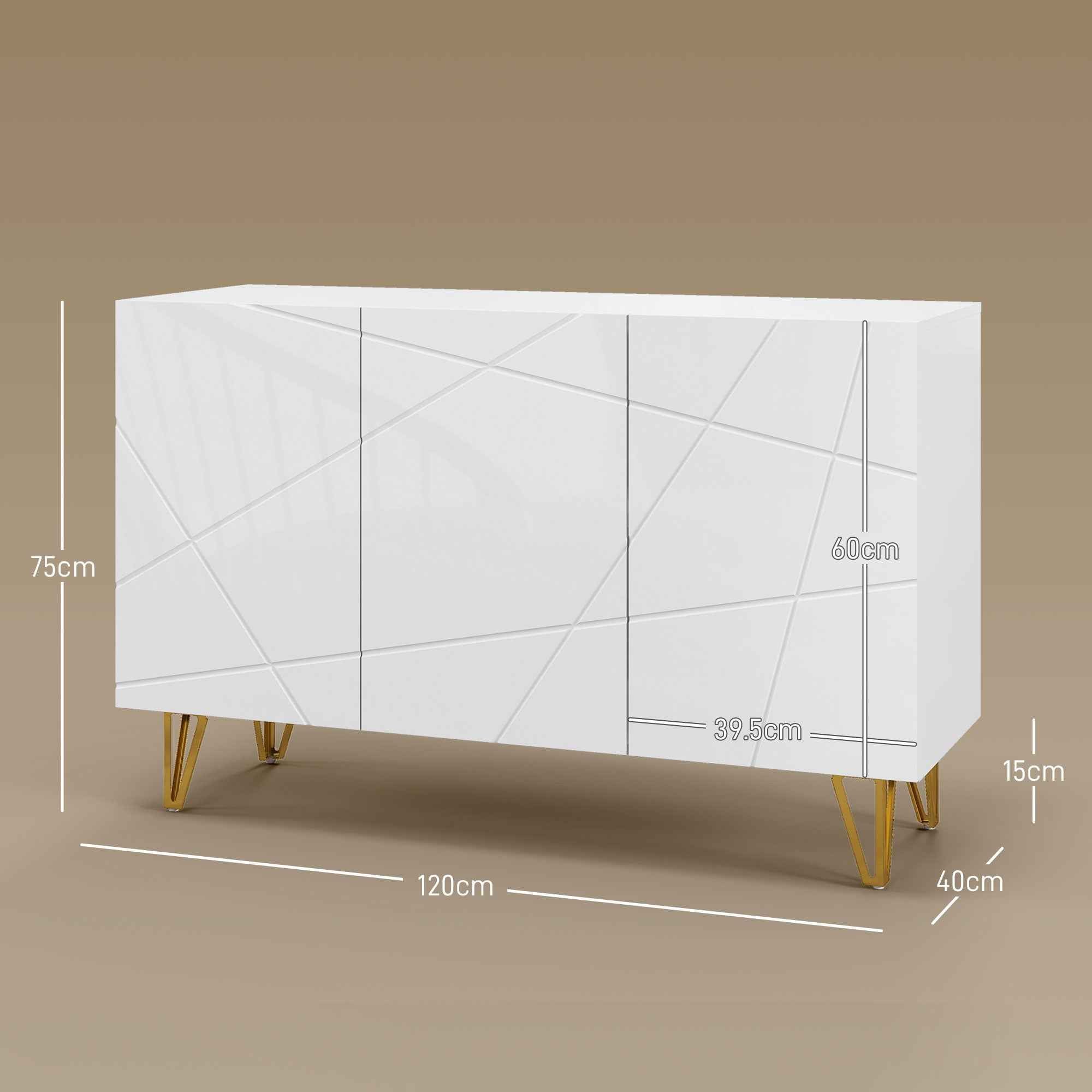 HOMCOM Storage Unit with 2 Cabinets and Adjustable Shelf, in Chipboard and Metal, 120x40x75 cm, White and Gold