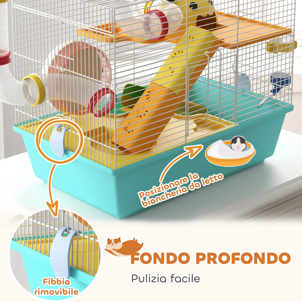 PawHut Hamster Cage with Wheel, House, Bowl, Ramps and Tank, in Steel, PS and PP, 45x28x37 cm, White and Blue