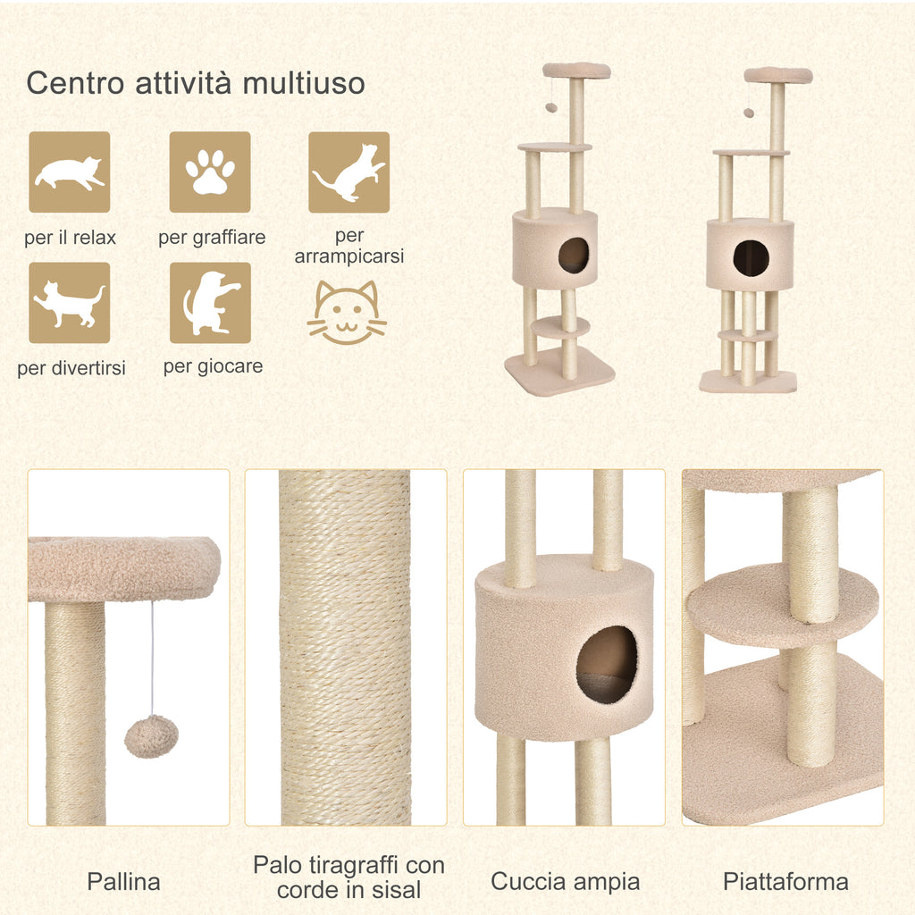 PawHut Sturdy Scratching Post for Cats with 5 Levels, Kennel, House, Games and Sisal Rope, Beige, Max 30kg - Borgè