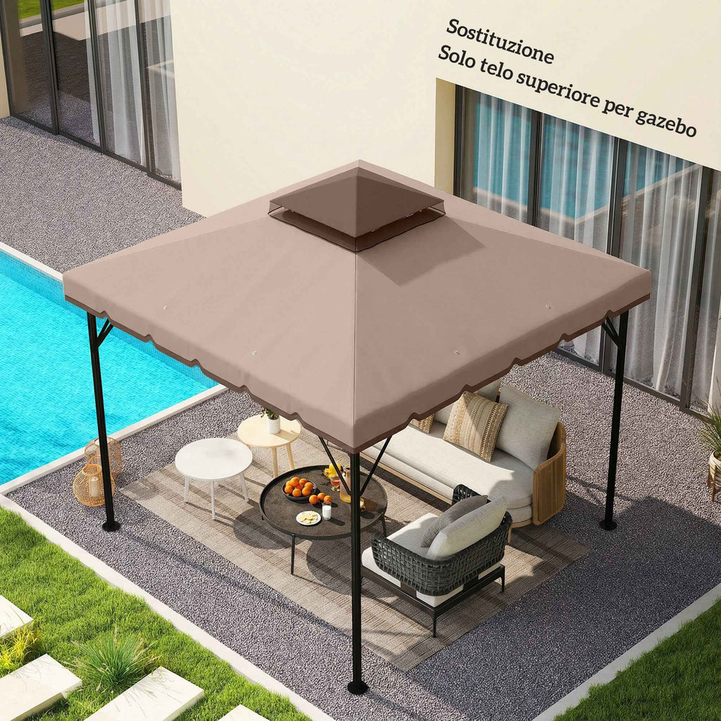 Outsunny 3x3m 2-Tier Gazebo Cover with 8 Drainage Holes, Khaki and Brown Polyester