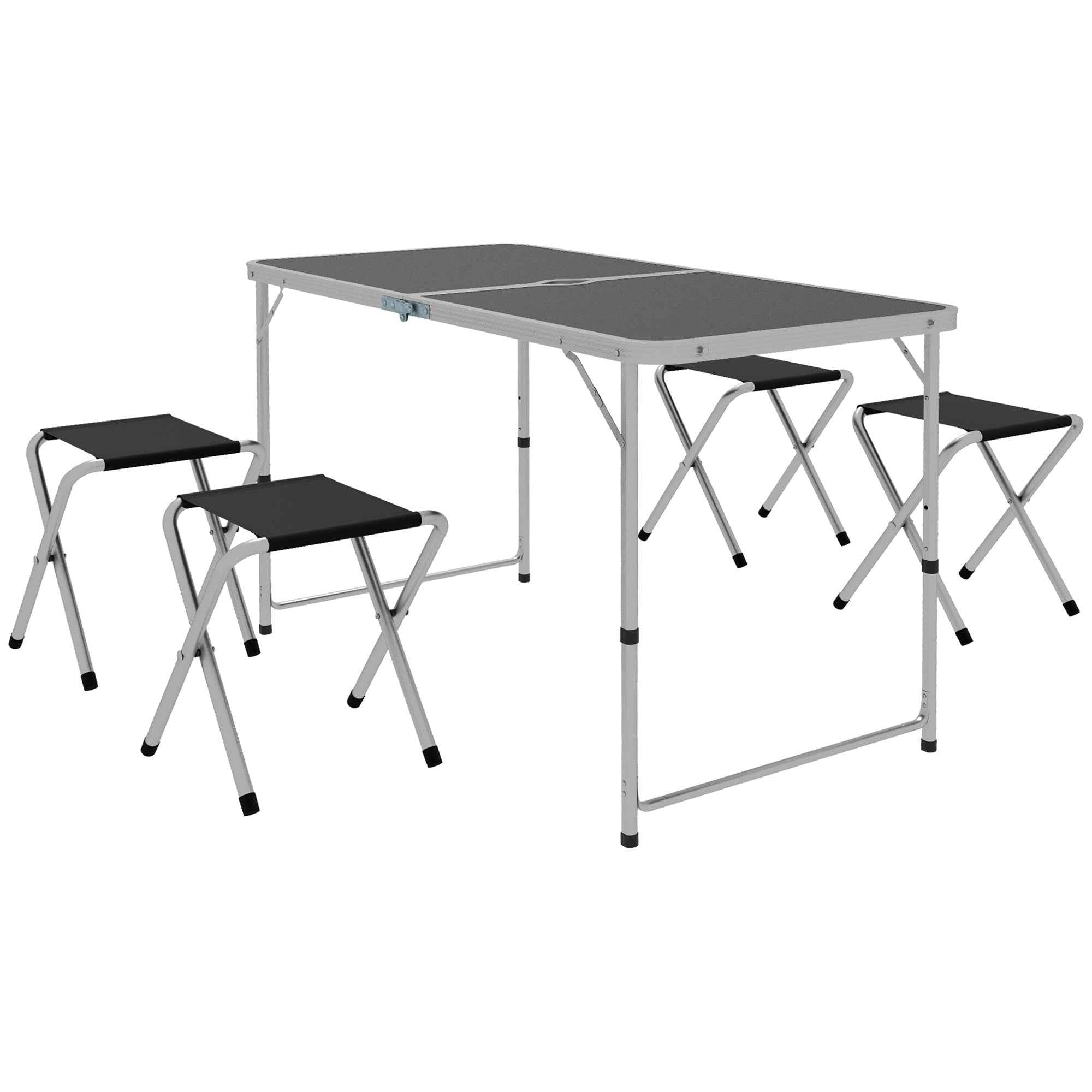 Outsunny Folding and Adjustable Camping Table Set with 4 Chairs and Umbrella Hole, Made of Aluminum and Wood, Black