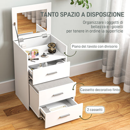 Wooden Make-Up Table with Folding Mirror, 2 Drawers and Stool, 50x40x113.5 cm, White