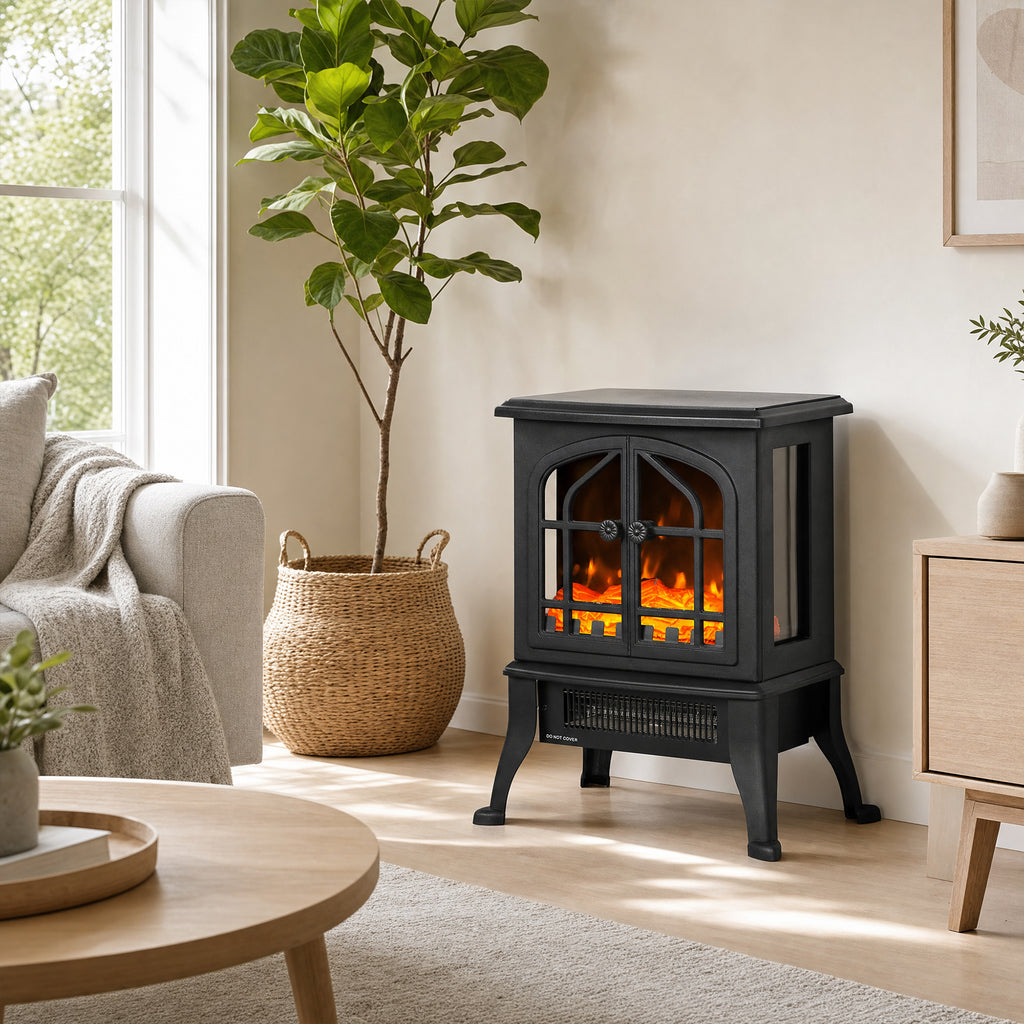 HOMCOM 900/1800W Electric Fireplace with 3D Flame and Adjustable Thermostat (10-35°C), 30㎡, Black