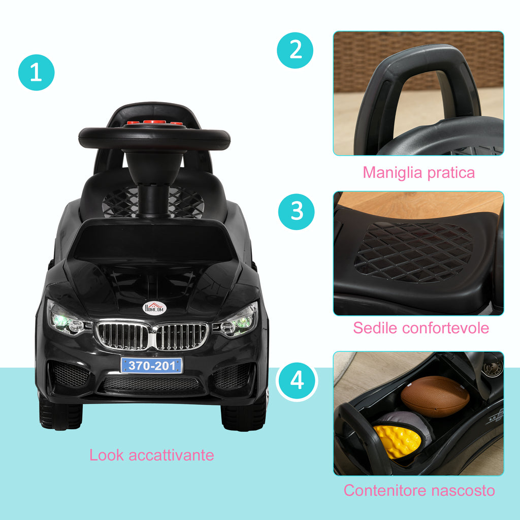 Children's Ride-On Toy Car with Steering Wheel, Built-in Lights and Music, PP and Metal, 63.5x28x36 cm, Black